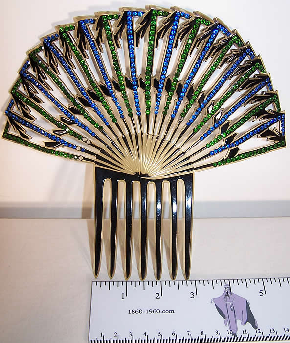 Art Deco Green & Blue Rhinestone Large Flapper Hair Comb  Front view.