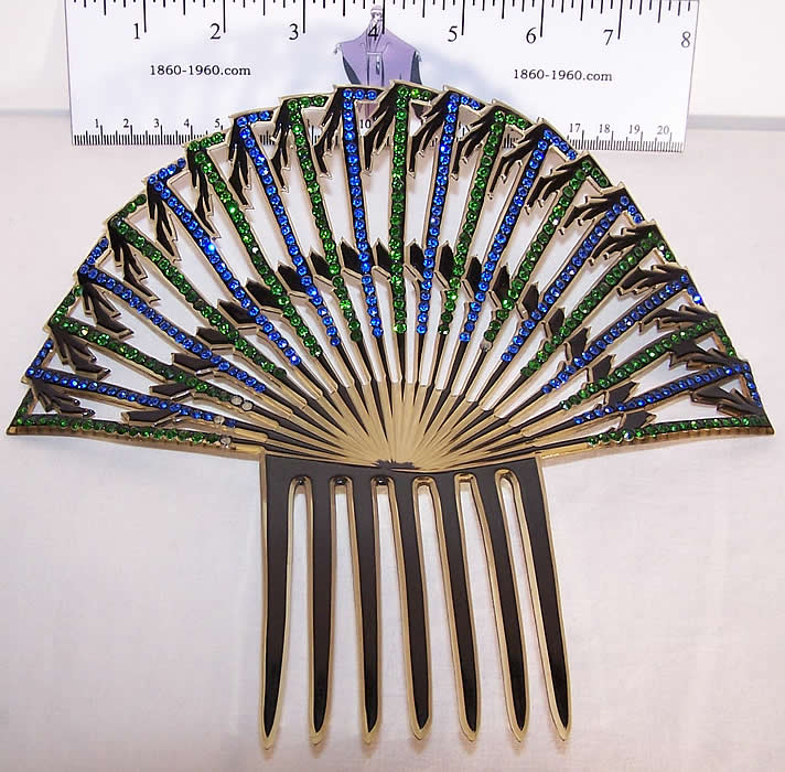 Art Deco Green & Blue Rhinestone Large Flapper Hair Comb