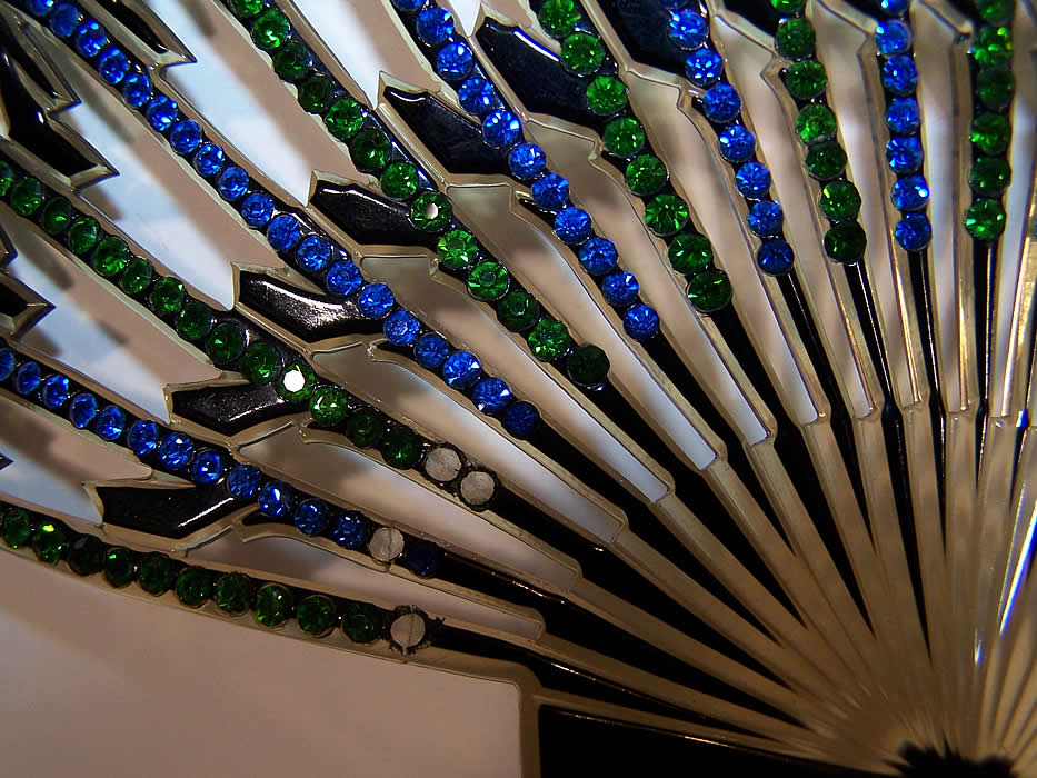 Art Deco Green & Blue Rhinestone Large Flapper Hair Comb