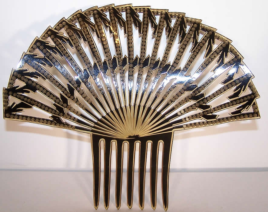 Art Deco Green & Blue Rhinestone Large Flapper Hair Comb Close up.