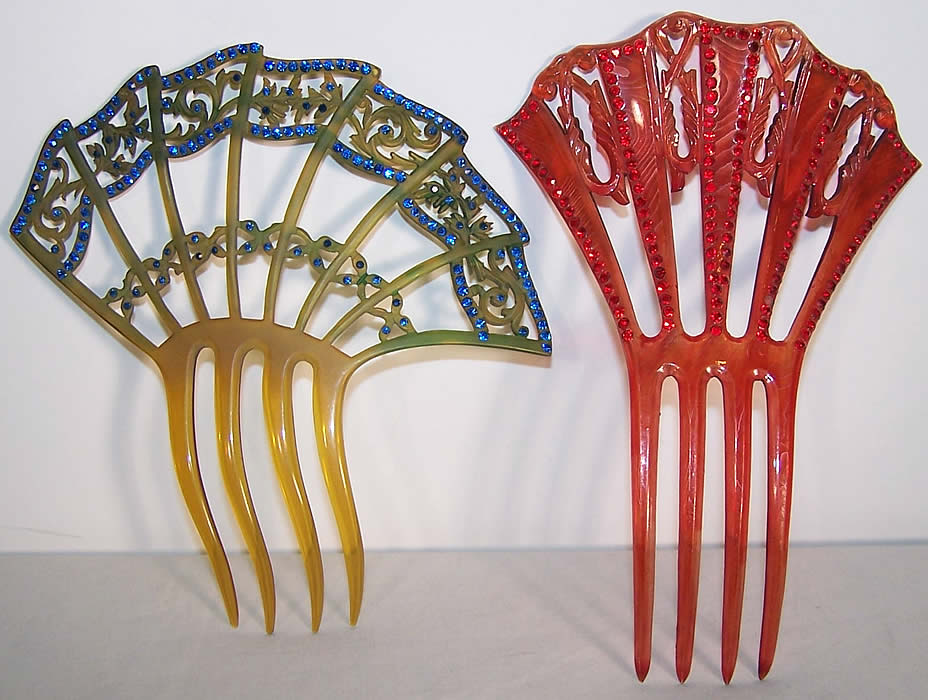 Art Deco Blue & Red Rhinestone Flapper Hair Comb Lot