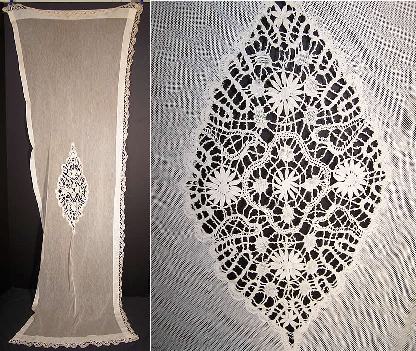 Antique Cluny Bobbin Lace Net Bedspread & Pillow Sham