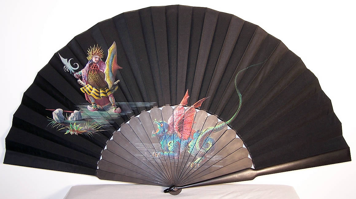  Antique Chinese Deity Winged Dragon Hand Painted Fan  Front view.