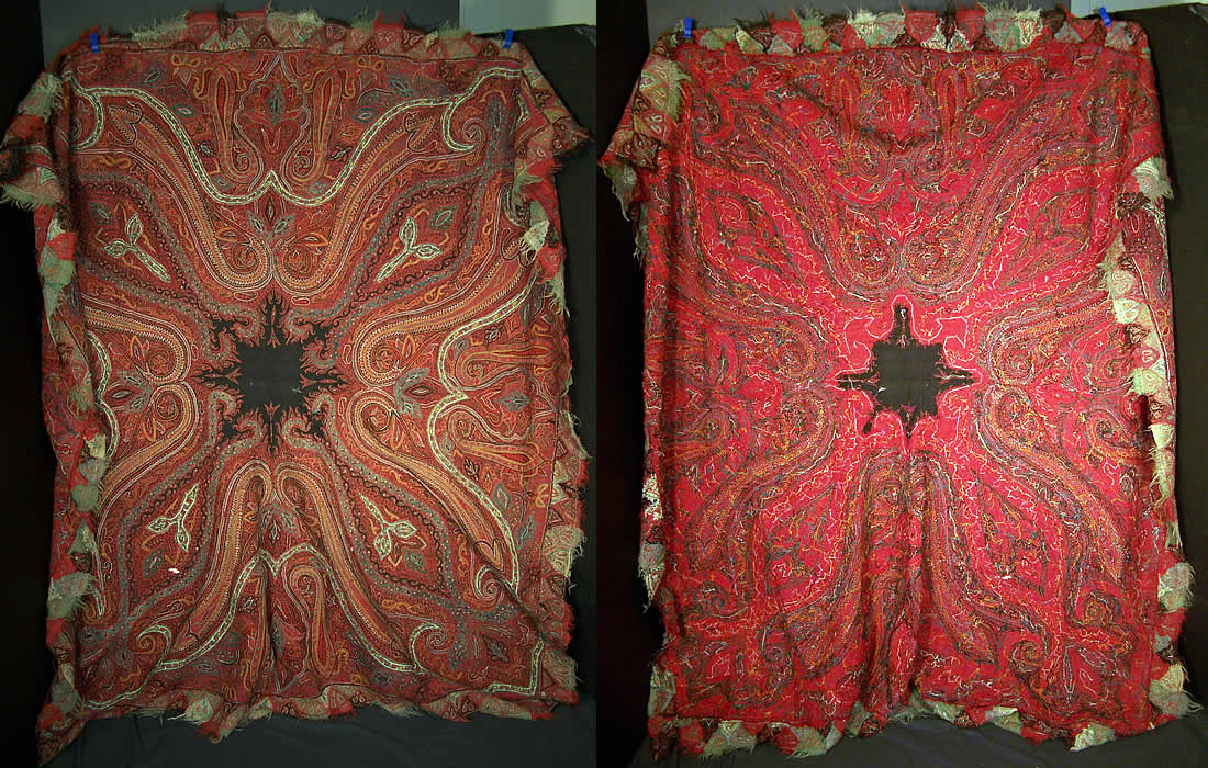 Victorian Antique Kashmir Hand Woven Pieced Paisley Shawl Front & Back View.