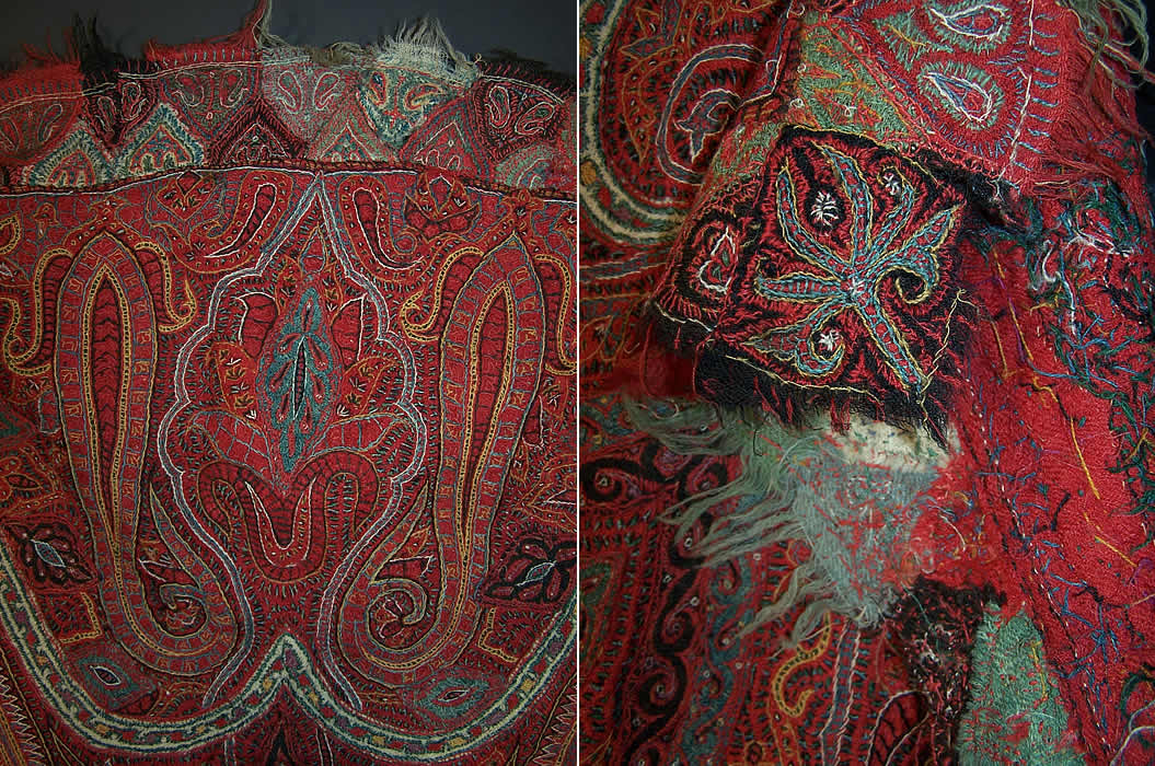 Victorian Antique Kashmir Hand Woven Pieced Paisley Shawl close-up view.