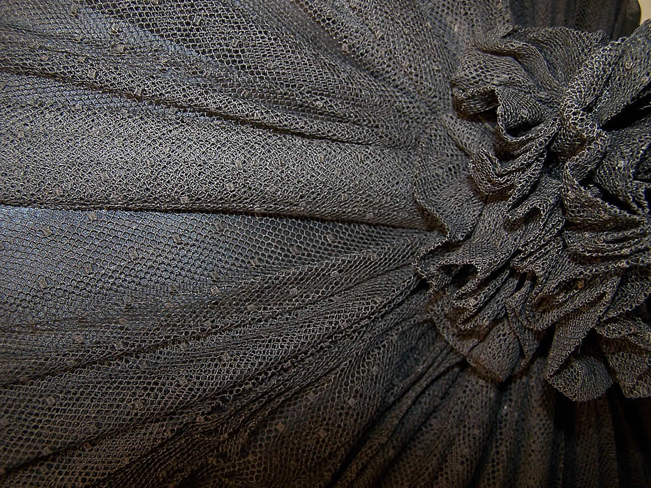 Edwardian Black Swiss Dot Net Burl Wood Handle Parasol Close up.