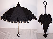 Edwardian Black Silk Ebony Wood Carved Handle Parasol