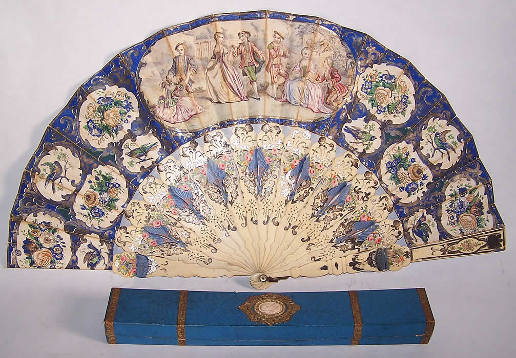 Victorian Blue Hand Painted Lithograph Foil Inlay Pierced Fan Box  Front view.