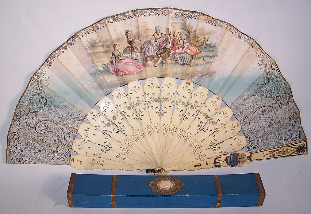 Victorian Blue Hand Painted Lithograph Foil Inlay Pierced Fan Box Back View.