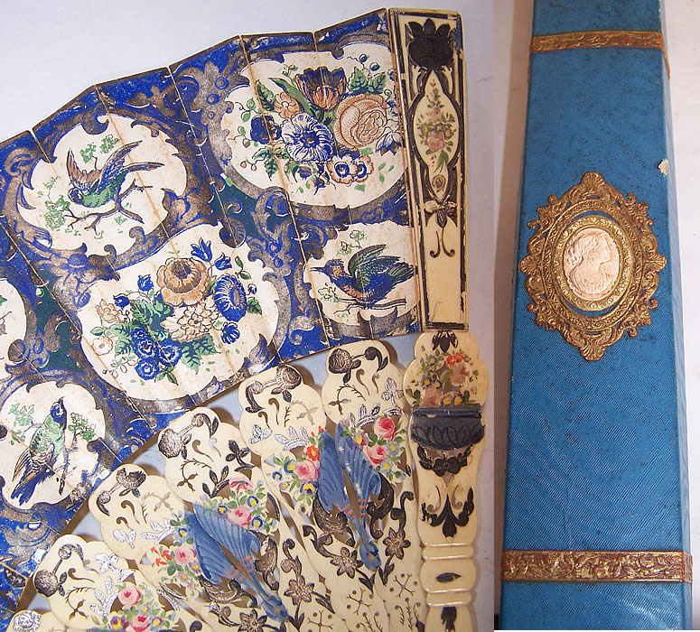 Victorian Blue Hand Painted Lithograph Foil Inlay Pierced Fan Box Close up.