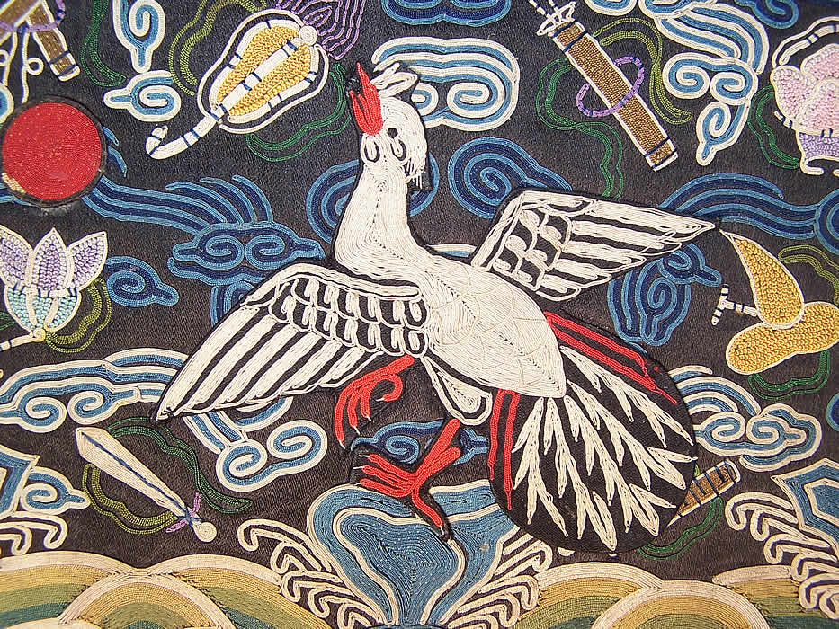 Antique Chinese Forbidden Stitch Couching Embroidery Silver Pheasant 5th Rank Badge pheasant close up