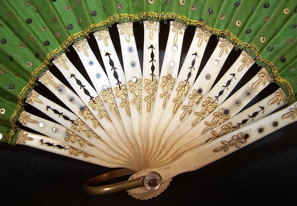 Victorian Green Silk Silver Gold Sequin Ball Gown Dance Fan close-up view.