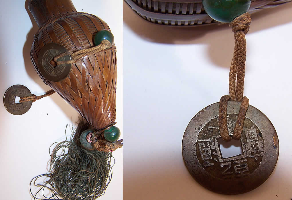 Antique Chinese Coin Jade Bead Tassel Wicker Basket Scent Perfume Herb Bottle Purse Close ups