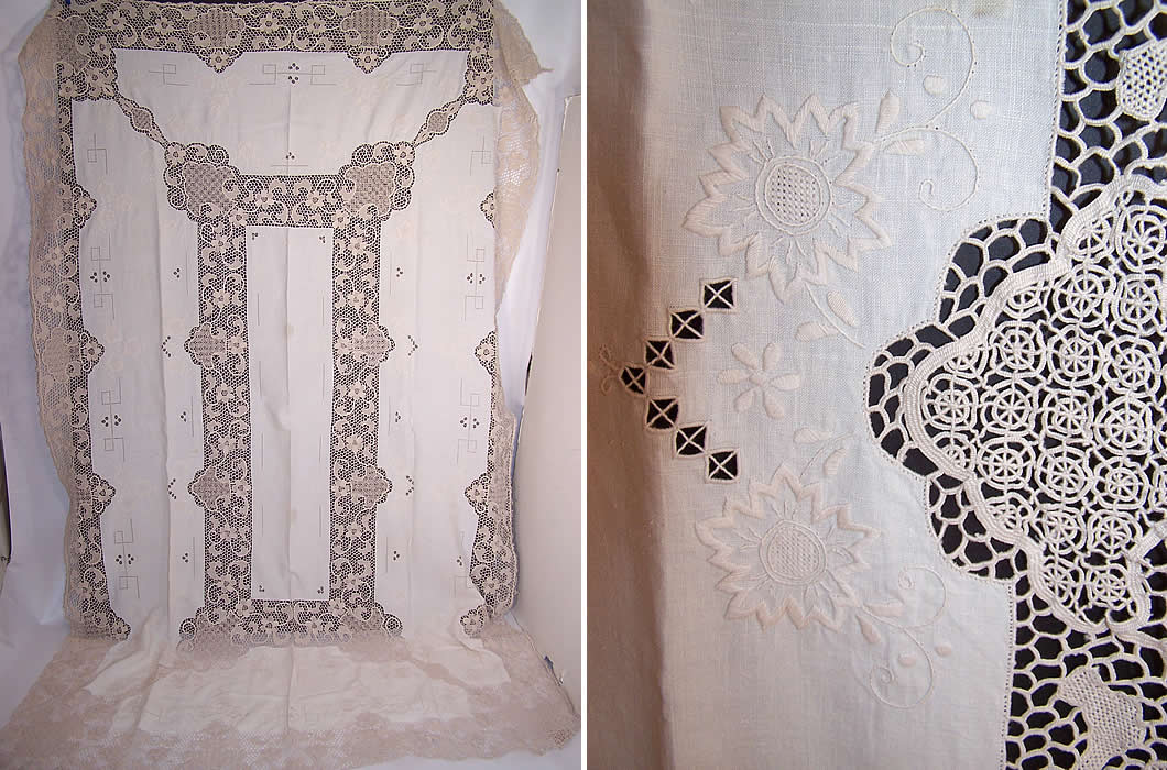 Antique Point de Venise Lace Cutwork Linen Banquet Tablecloth