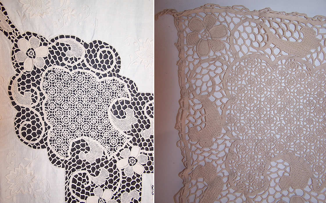 Antique Point de Venise Lace Cutwork Linen Banquet Tablecloth close ups.