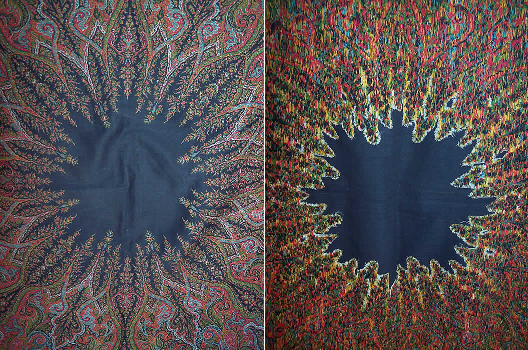 Victorian Antique Jacquard Hand Loom Wool Black Star Center Paisley Shawl the center front & back