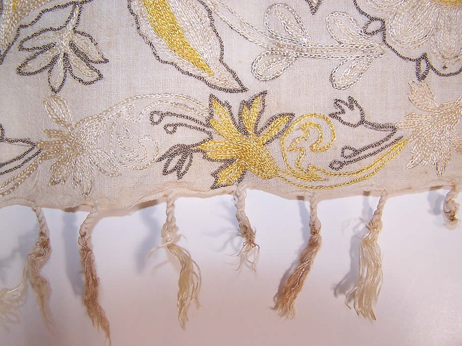 Ottoman Turkish Crewel Chain Stitch Embroidered Linen Shawl Scarf Sash Towel close up tassels