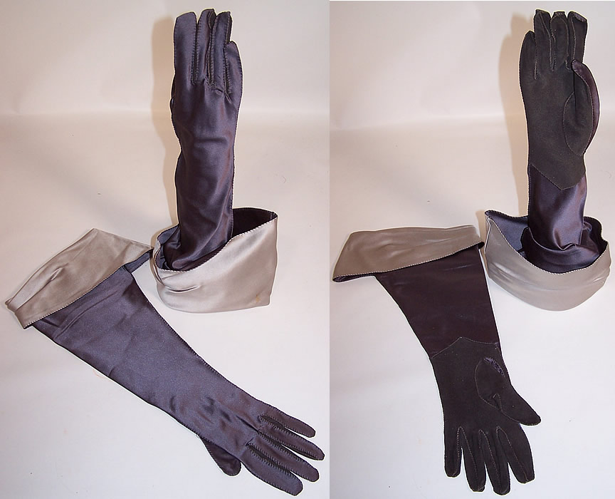 Vintage Gray Silver Satin Suede Leather Ladies Evening Gauntlet Gloves