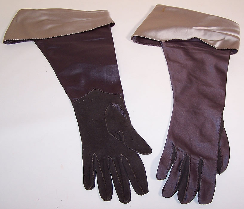 Vintage Gray Silver Satin Suede Leather Ladies Evening Gauntlet Gloves