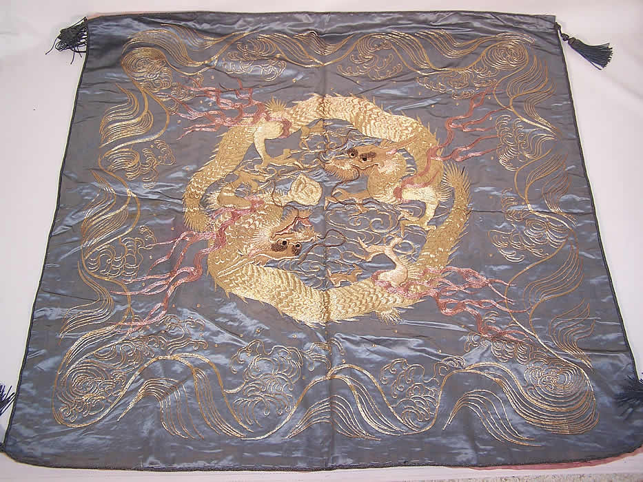 Antique Chinese Dragon Gold Couching Embroidery Stumpwork Silk Tapestry