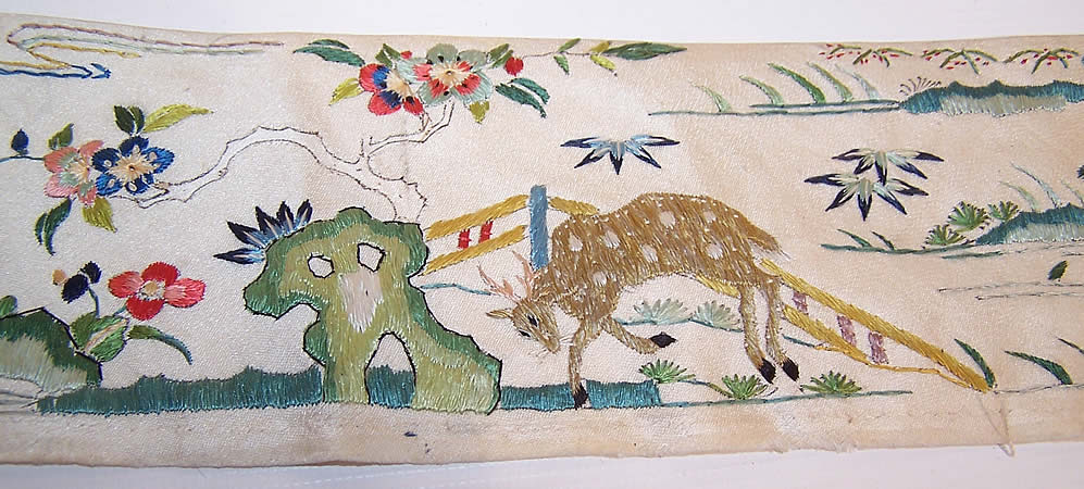 Antique Chinese Crane Bird Butterfly Deer Silk Embroidered Robe Trim