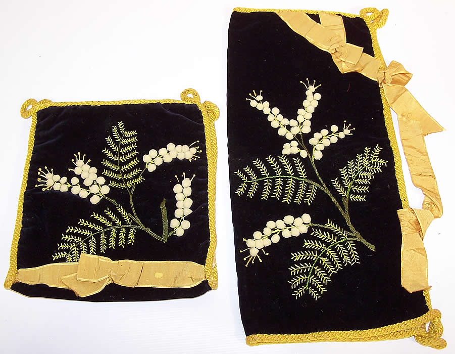 Victorian Velvet Fern Embroidered Lingerie Stocking Glove Hankie Holder Pair