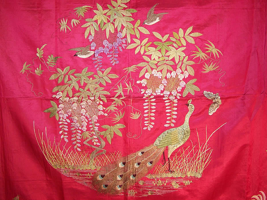 Antique Chinese Peacock Bird Butterfly Floral Silk Embroidered Shawl Tapestry