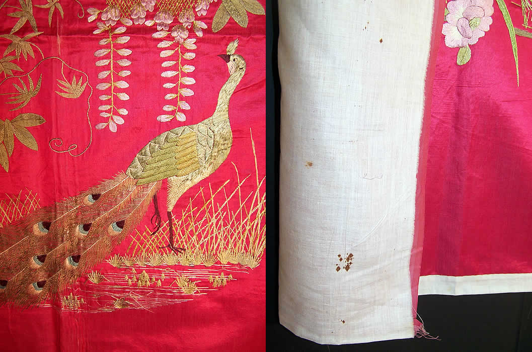 Antique Chinese Peacock Bird Butterfly Floral Silk Embroidered Shawl Tapestry close up peacock & close up shows the lining