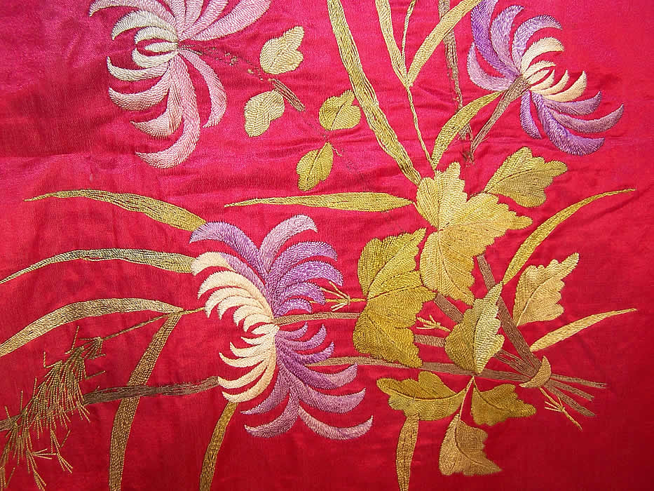 Antique Chinese Peacock Bird Butterfly Floral Silk Embroidered Shawl Tapestry flower close up.