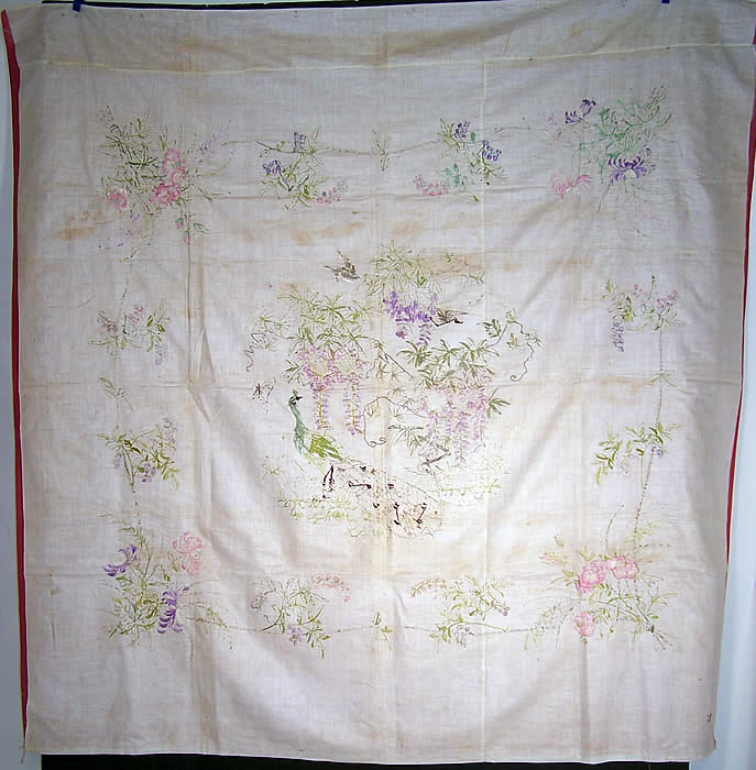 Antique Chinese Peacock Bird Butterfly Floral Silk Embroidered Shawl Tapestry back view