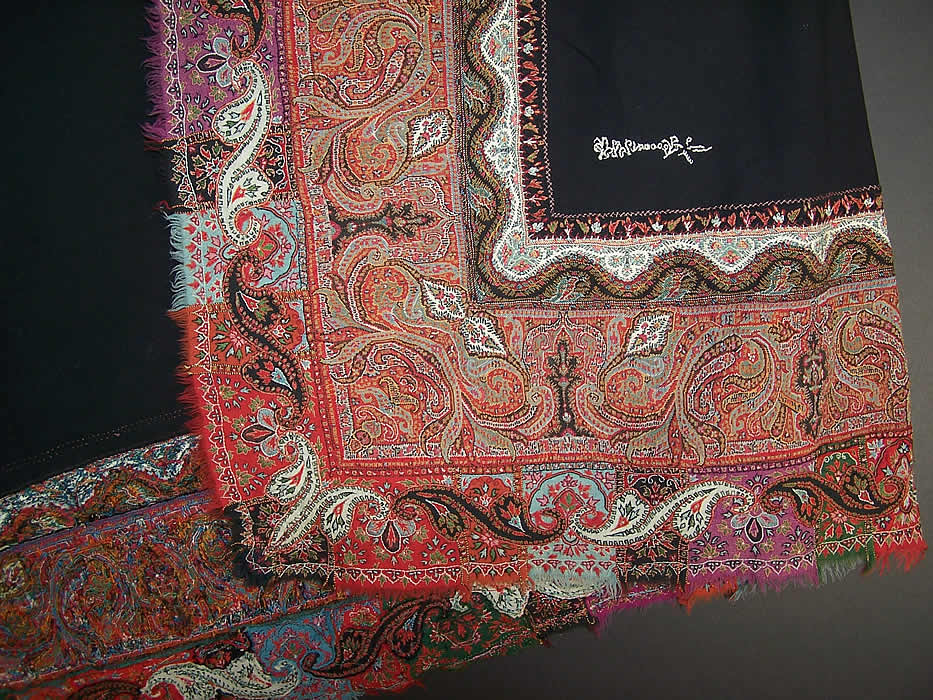 Antique Victorian Signed Kashmir Hand Woven Pieced Paisley Shawl corner & signature