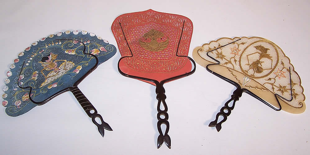 Lot of 3 Antique Indonesia Java Wayang Puppet Vellum Gold Leaf Pierced Fixed Fan