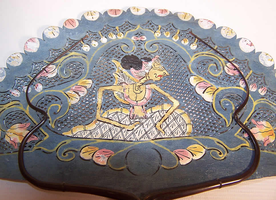 Antique Indonesia Java Wayang Puppet Vellum Gold Leaf Pierced Fixed Fan close up blue one