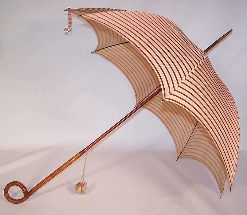 Edwardian Ecru Linen Red Silk Stripe Carved Wood Handle Summer Parasol