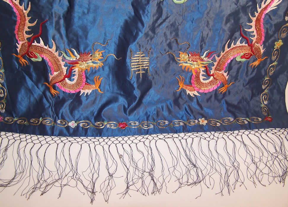 Antique Chinese Dragon Xi Gold Couching Embroidery Silk Tapestry Wall Hanging