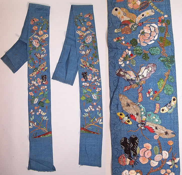 Antique Chinese Silk Embroidered Butterfly Robe Sleeve Band Cuffs Pair