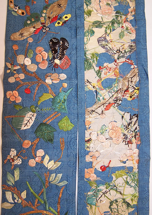 Antique Chinese Silk Embroidered Butterfly Robe Sleeve Band Cuffs Pair back view.