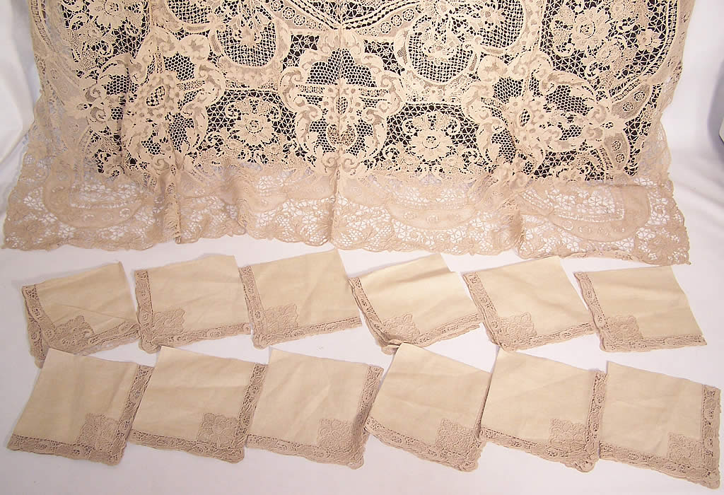 Antique Point de Venise Lace Cutwork Banquet Tablecloth with 12 Napkins