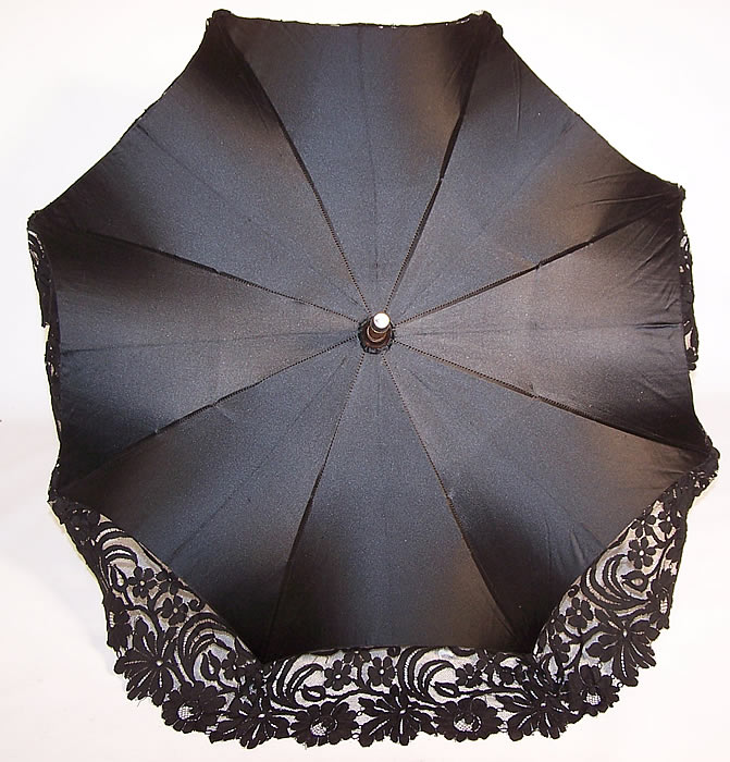 Victorian Black Silk Lace Carved Grape Leaf Handle Parasol