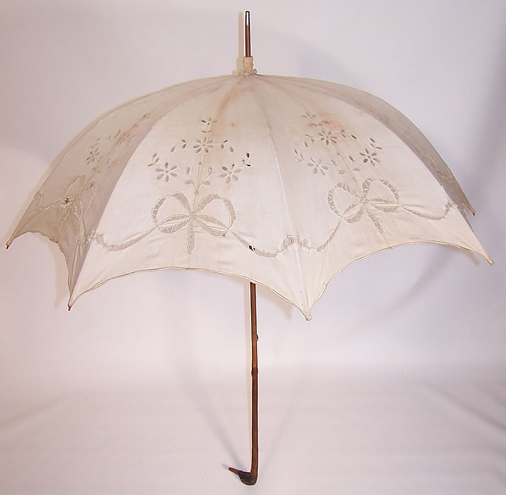 Edwardian White Eyelet Linen Carved Wood Duck Handle Parasol