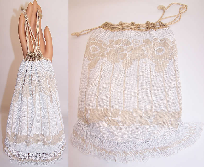 Antique White Cream Floral Fringe Beaded Drawstring Flapper Bag Purse