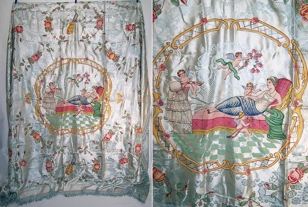 Antique Damasco S. Leucio Italian Damask Hand Painted Putti Peacock Bedspread