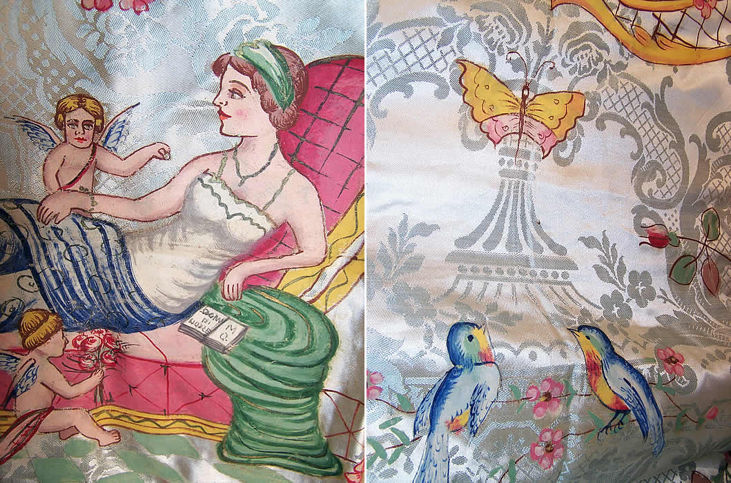 Antique Damasco S. Leucio Italian Damask Hand Painted Putti Peacock Bedspread