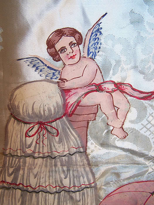 Antique Damasco S. Leucio Italian Damask Hand Painted Putti Peacock Bedspread angel close up