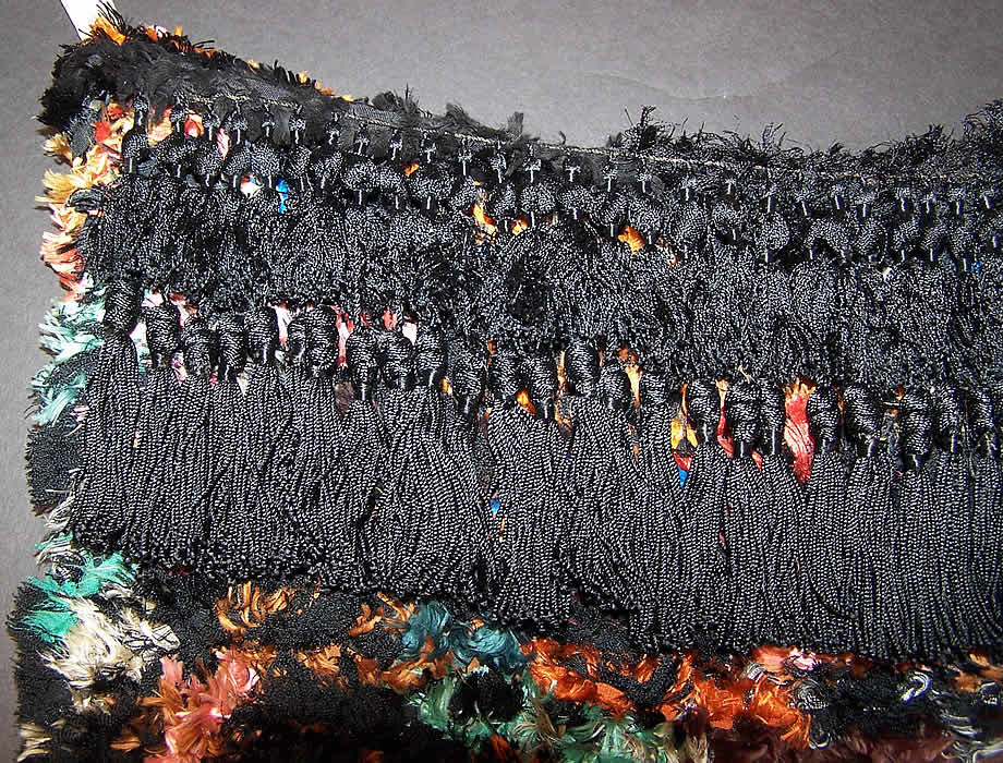 Victorian Antique Colorful Silk Chenille Fringe Hand Woven Braided Rag Rug