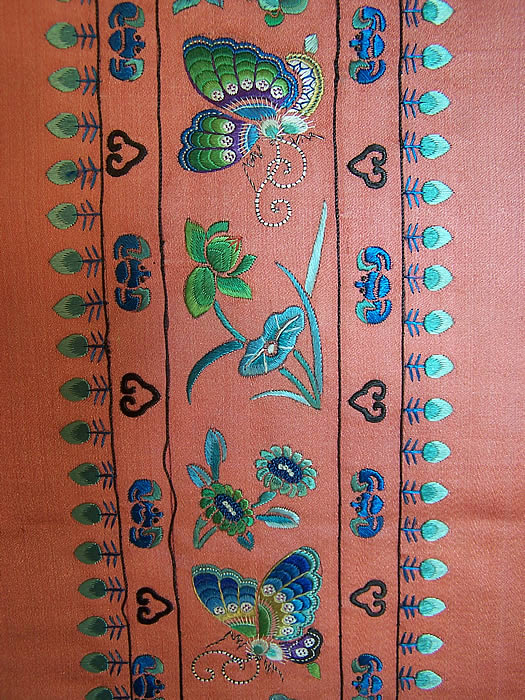 Antique Chinese Silk Embroidered Butterfly Bat Robe Sleeve Band Cuffs close up 