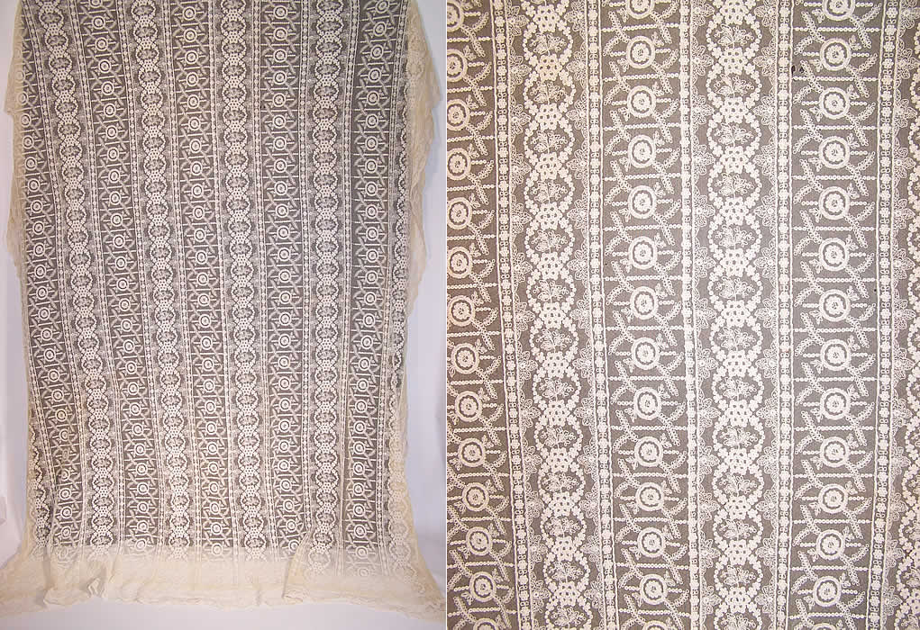 Antique Cream Tambour Embroidered Net Lace Bedspread