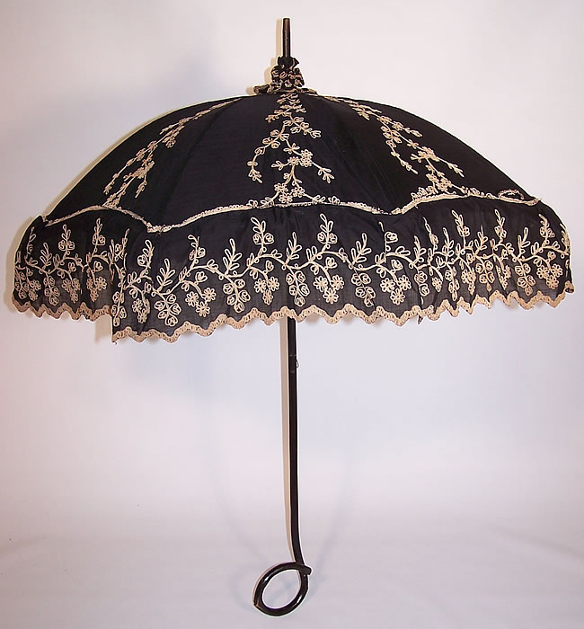 Edwardian Black Cotton Ecru Embroidered Carved Ebony Handle Summer Parasol