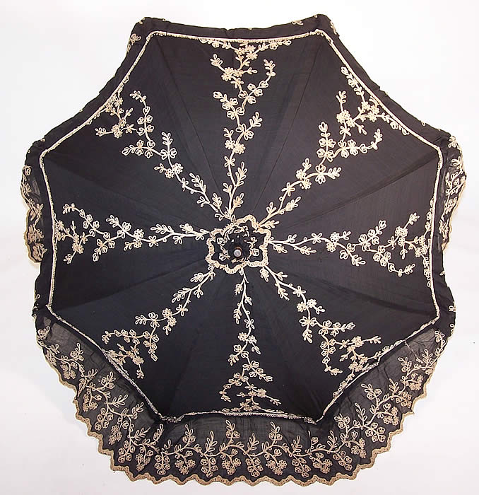 Edwardian Black Cotton Ecru Embroidered Carved Ebony Handle Summer Parasol