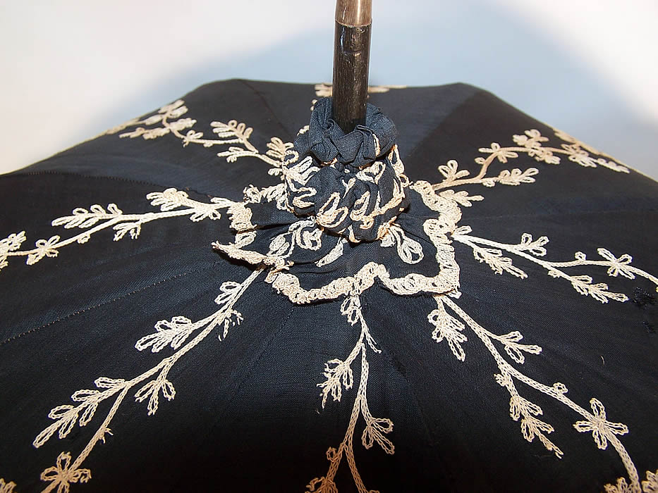 Edwardian Black Cotton Ecru Embroidered Carved Ebony Handle Summer Parasol